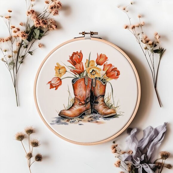 Wildflower Tulips in Cowboy Boots Counted Cross Stitch Pattern NEW‎ - Picture 2 of 3